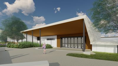 Artist impression of the new Beeleigh Aquatic Centre with an arched white roof with a brown entrance