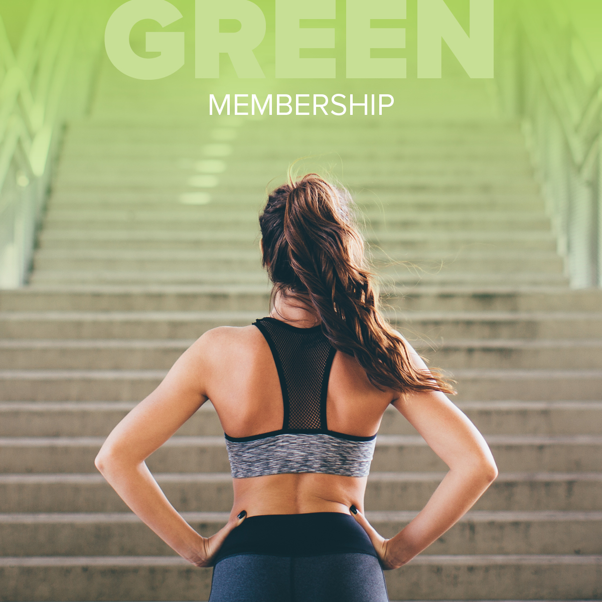 Green Membership tile with a woman's back wearing sports bra looking up stairs